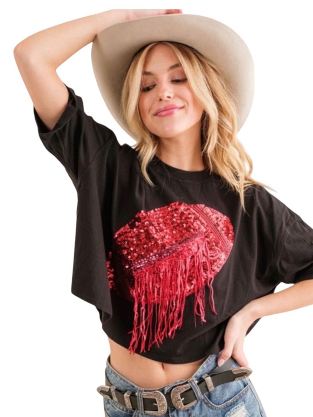 NEW Blue B. Gold Red & Black Sequin & Fringe Football Cropped Tee T-Shirt OS